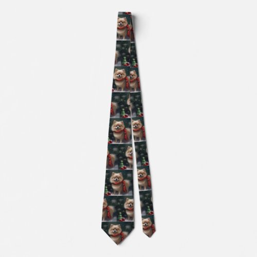 Pomeranian Dog in Snow Christmas Neck Tie