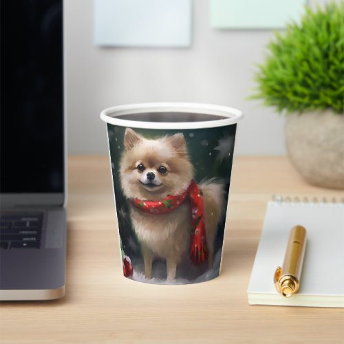 Pomeranian Dog in Snow Christmas Paper Cups