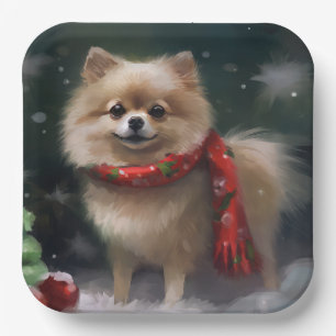 Pomeranian Dog in Snow Christmas Paper Plates