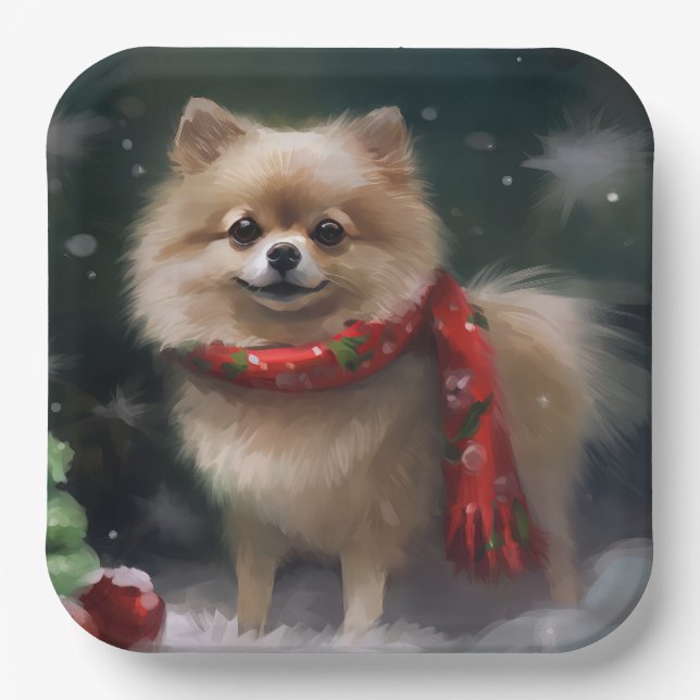 Pomeranian Dog in Snow Christmas Paper Plates (Front)