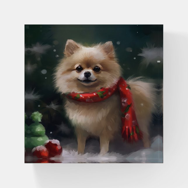 Pomeranian Dog in Snow Christmas Paperweight (Front)