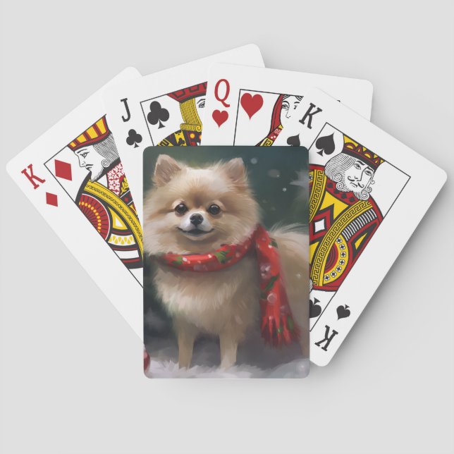 Pomeranian Dog in Snow Christmas Poker Cards (Back)