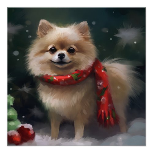 Pomeranian Dog in Snow Christmas Poster
