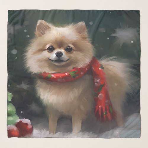 Pomeranian Dog in Snow Christmas Scarf