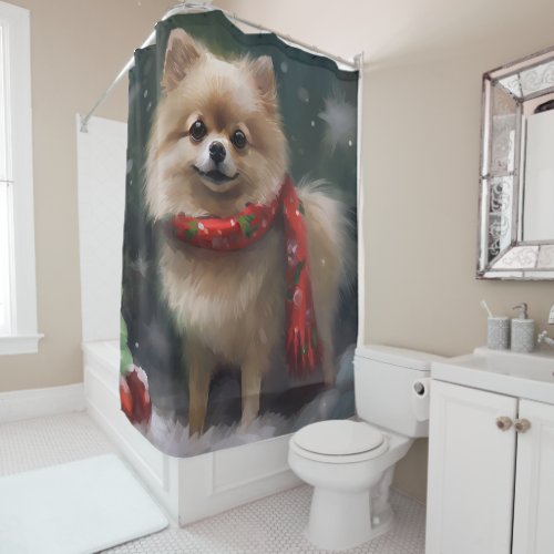 Pomeranian Dog in Snow Christmas Shower Curtain
