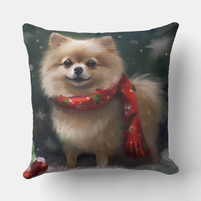 Pomeranian Dog in Snow Christmas Throw Pillow (Back)