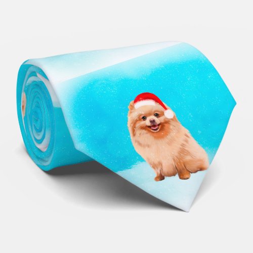 Pomeranian dog in snow Christmas Tie