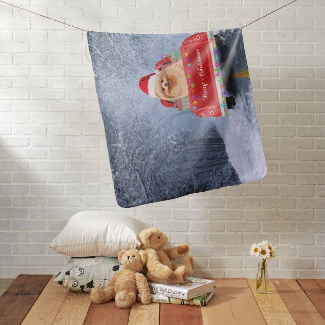 Pomeranian Dog in Snow sitting in Christmas Truck  Baby Blanket (In Situ)