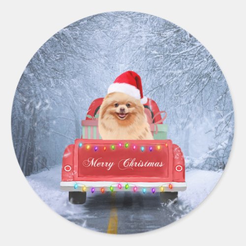 Pomeranian Dog in Snow sitting in Christmas Truck  Classic Round Sticker