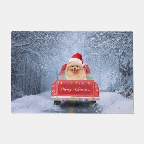 Pomeranian Dog in Snow sitting in Christmas Truck  Doormat