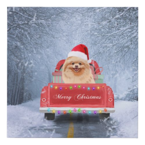 Pomeranian Dog in Snow sitting in Christmas Truck  Faux Canvas Print