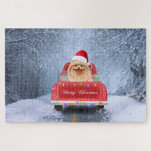 Pomeranian Dog in Snow sitting in Christmas Truck Jigsaw Puzzle