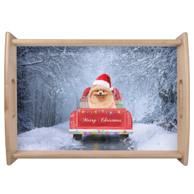 Pomeranian Dog in Snow sitting in Christmas Truck  Serving Tray (Front)
