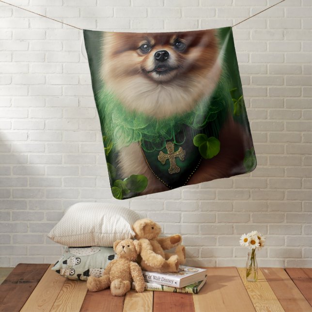 Pomeranian Dog in St. Patrick's Day Dress Baby Blanket (In Situ)