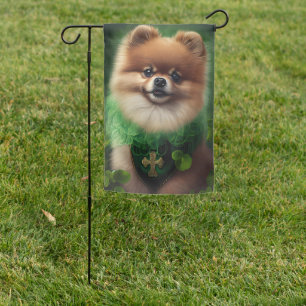 Pomeranian Dog in St. Patrick's Day Dress Garden Flag