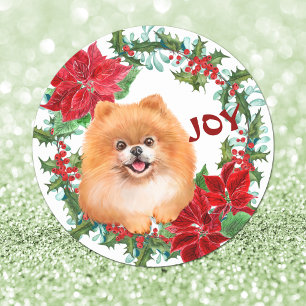 Pomeranian Dog Joy Poinsettia Christmas Wreath Classic Round Sticker