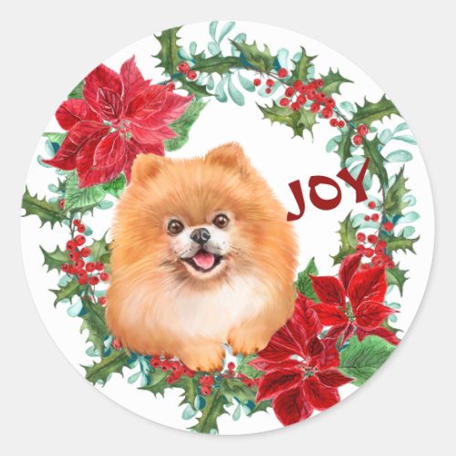 Pomeranian Dog Joy Poinsettia Christmas Wreath Classic Round Sticker