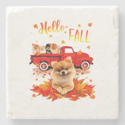 pomeranian dog leaf fall autumn red truck lover  stone coaster