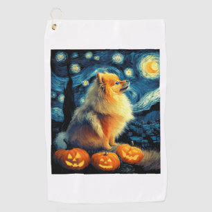 Pomeranian Dog Lovers Painting of van gogh starry  Golf Towel
