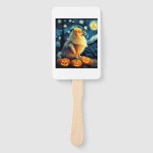 Pomeranian Dog Lovers Painting of van gogh starry Hand Fan