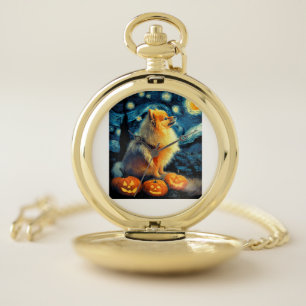 Pomeranian Dog Lovers Painting of van gogh starry Pocket Watch