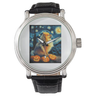Pomeranian Dog Lovers Painting of van gogh starry Watch