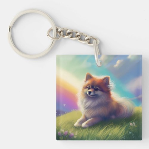 Pomeranian Dog Memorial Rainbow Bridge Remembrance Keychain