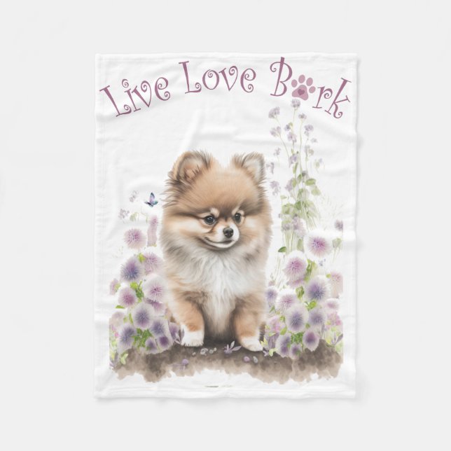 Pomeranian Dog Mom Floral Fleece Blanket (Front)