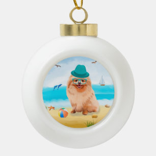 Pomeranian Dog on Beach  Ceramic Ball Christmas Ornament