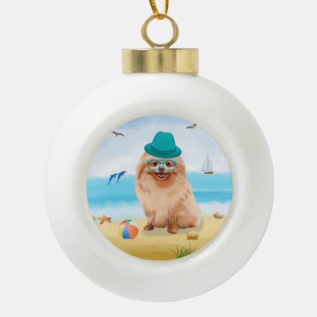 Pomeranian Dog on Beach  Ceramic Ball Christmas Ornament (Front)