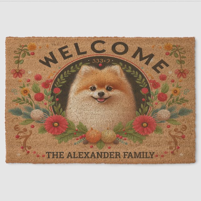 Pomeranian Dog Paradise, Personalized Name Welcome Fiber Doormat (Front)