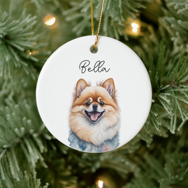 Pomeranian Dog Pet Custom Name Holiday Christmas Ceramic Ornament (Tree)