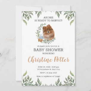 Pomeranian Dog Puppy Greenery Boho Baby Shower Invitation