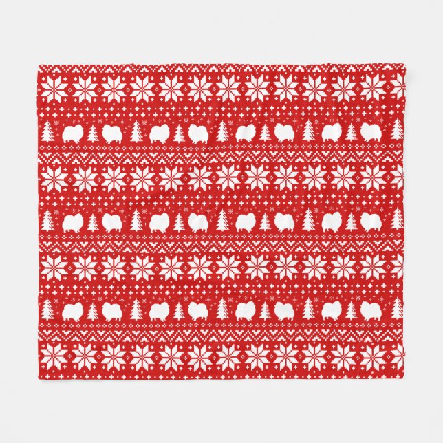 Pomeranian Dog Silhouettes Christmas Pattern Red Fleece Blanket (Front (Horizontal))