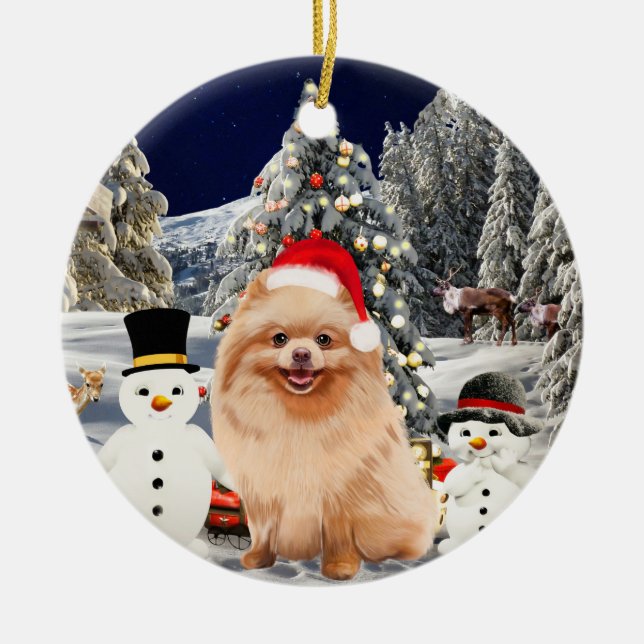 Pomeranian Dog Sitting In Snow Santa Hat Lights Ceramic Ornament (Front)