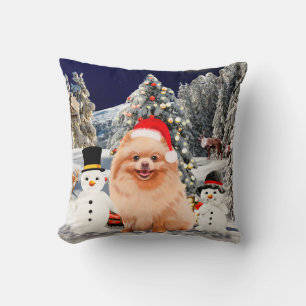 Pomeranian Dog Sitting On Beach Christmas Hat Throw Pillow