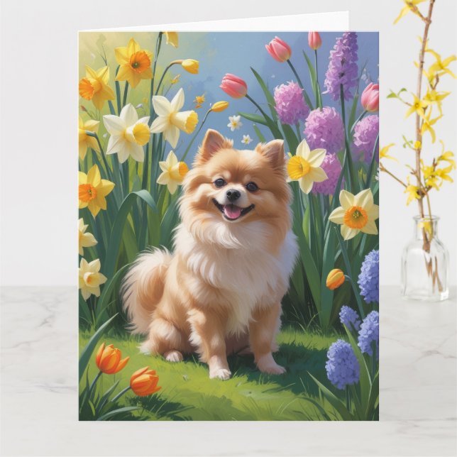 Pomeranian Dog Spring Flowers Painting  Card (Yellow Flower)