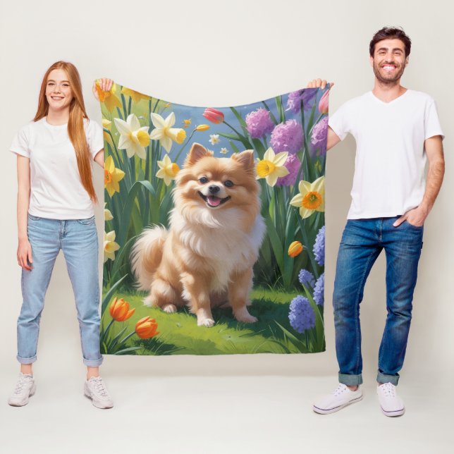 Pomeranian Dog Spring Flowers Painting  Fleece Blanket (In Situ)