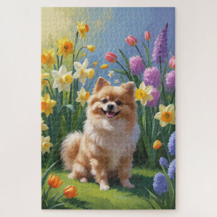 Pomeranian Dog Spring Flowers Painting Jigsaw Puzzle