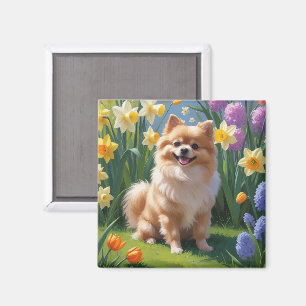 Pomeranian Dog Spring Flowers Painting  Magnet