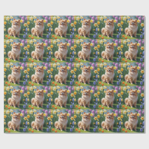 Pomeranian Dog Spring Flowers Painting Wrapping Paper