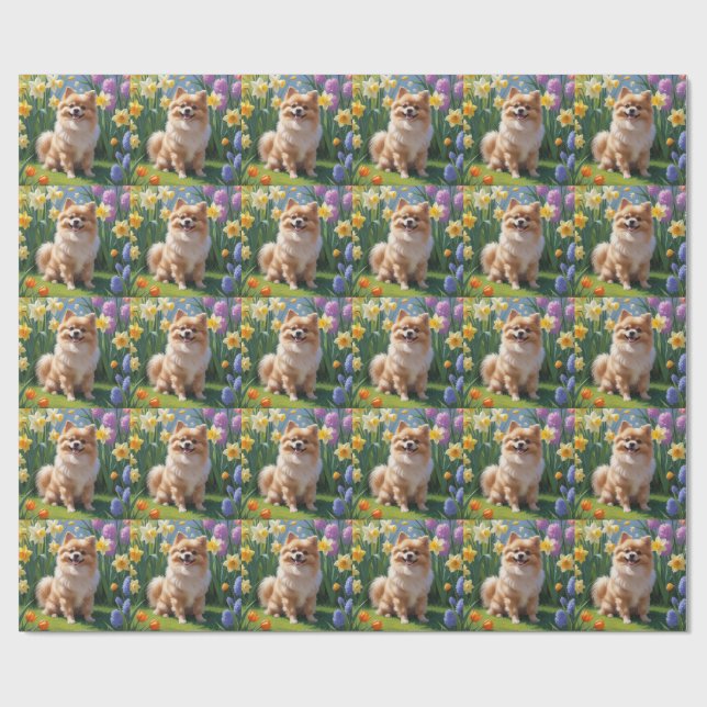 Pomeranian Dog Spring Flowers Painting  Wrapping Paper (Flat)