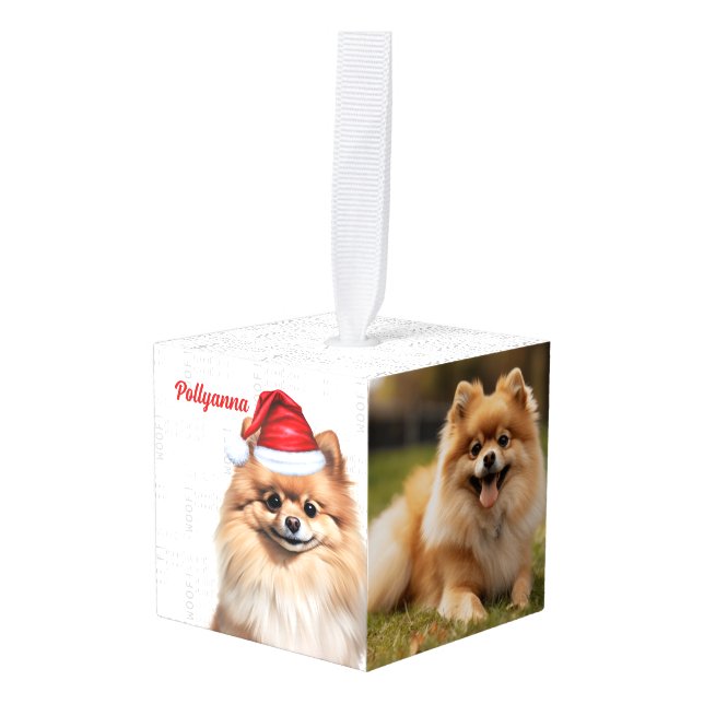 Pomeranian Dog Two Photo Christmas Holiday Cube Ornament (Front Angled)