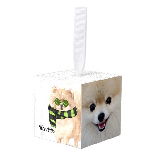 Pomeranian Dog Two Photo Christmas Holiday Cube Ornament