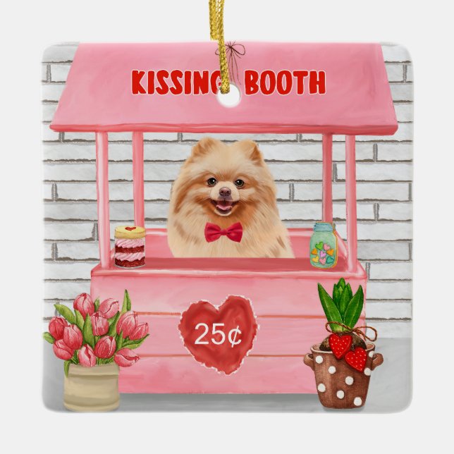 Pomeranian Dog Valentine's Day Kissing Booth Ceramic Ornament (Front)