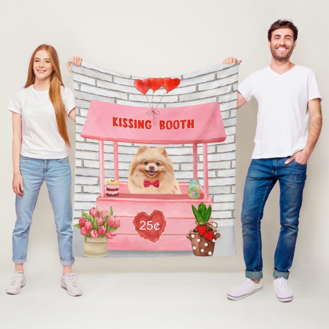 Pomeranian Dog Valentine's Day Kissing Booth Fleece Blanket (In Situ)