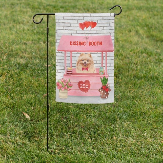 Pomeranian Dog Valentine's Day Kissing Booth Garden Flag (In SItu)