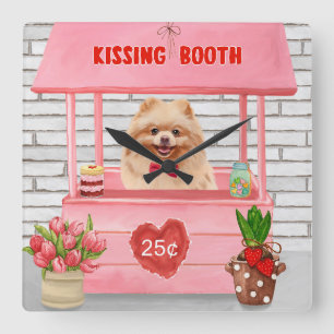 Pomeranian Dog Valentine's Day Kissing Booth Square Wall Clock