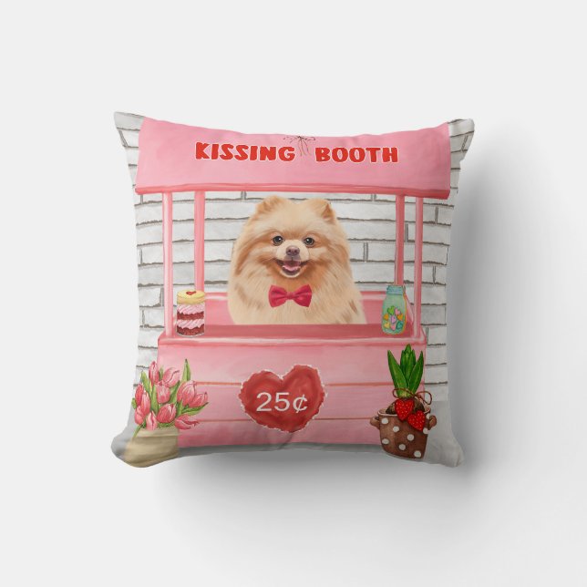 Pomeranian Dog Valentine's Day Kissing Booth Throw Pillow (Front)
