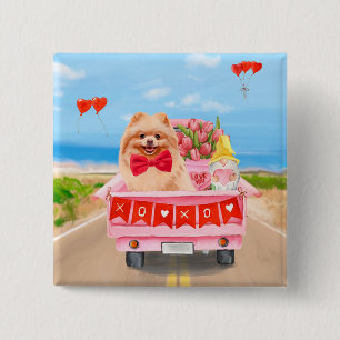 Pomeranian Dog Valentine's Day Truck Hearts Button